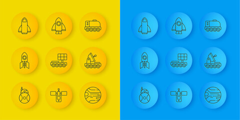 Wall Mural - set line robot, rocket ship, mars rover, planet, and icon. vector