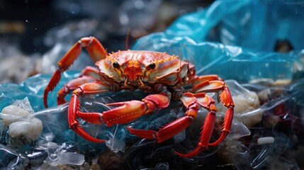 Wall Mural - crab entangled in plastic waste, showing the danger of marine debris generative ai