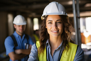 A female construction worker and her male colleague on a job site