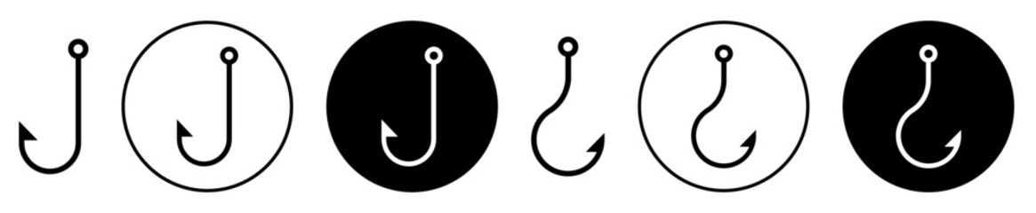 Poster - fishing hook icon set. fishhook vector symbol in black filled and outlined style.