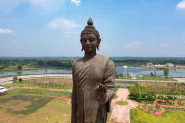 Aerial top view of Phutthamonthon, Bangkok City, Thailand. Thai buddhist temple architecture. Tourist attraction landmark.