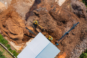 Wall Mural - Aerial top view of wood industry factory in urban city town. Business distribution logistic transport in Thailand.