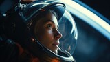 Closeup portrait of a female astronaut wearing a space suit