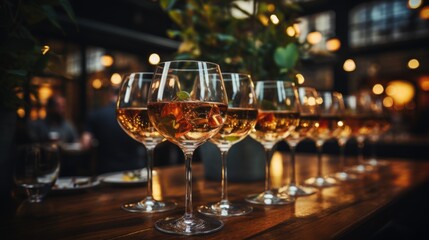 A row of wine glasses on a table