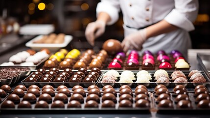 Wall Mural - skilled chocolatier making chocolates in a sweet-smelling kitchen generative ai