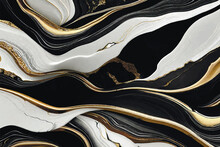 Black White Gold Liquid 3d Abstract Marbled Background With Golden Wavy Lines. Marble Stone Texture, Jasper. Ornamental Art Deco Marble Textured Waves Pattern. Fake Painted Artificial Stone Texture