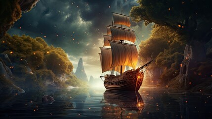 Wall Mural - Fantasy ship on a river in the forest surrounded by hills, high fantasy art, epic scenery, digital illustration