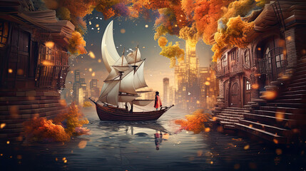 Wall Mural - Boat sailing on the ocean, person, fantasy city, library, fantasy scenery, surreal landscape, epic high fantasy art
