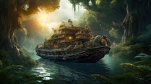 Fantasy Boat In The Forest, Jungle, Fantasy Scenery, High Fantasy Art