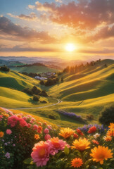 Wall Mural - A landscape of rolling hills and vibrant flowers.