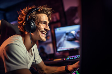 Wall Mural - Player smiling at his computer screen during an online video gaming session - Generative AI