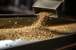 A mesmerizing orchestration of mechanical motions unfolds as a cascade of pellets gracefully descends from the discharge port of the hopper, gracefully landing upon the conveyor belt.
