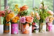 Upcycled tin can flower vases ,waste crafts ,Generative AI