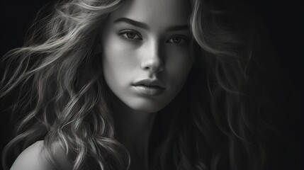 Wall Mural - black and white portrait: a captivating black and white portrait of a woman with tousled blonde hair