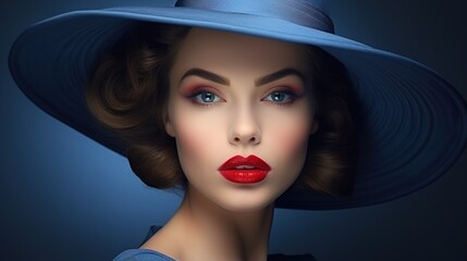Wall Mural - vintage glamour: a captivating portrait of a woman with auburn waves, striking blue eyes, and bold r