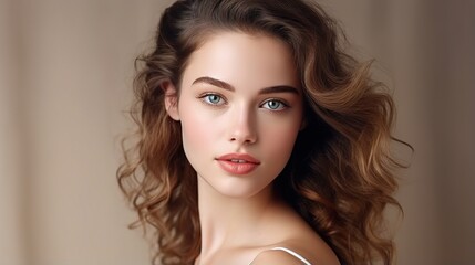 Wall Mural - captivating gaze: a close-up portrait of a young woman with long, flowing brown hair and captivating