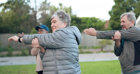 Sticker - Elderly people, fitness and stretching in class for workout, healthy living or body at an old age home outside. Senior group in warm up exercise, training or practice together on an outdoor field