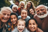 A diverse group of faces of from different cultures, kids, parents and grandparents, the elderly, aunts, uncles, friends and neighbours, kids, siblings, full of joyful celebration, selfie style family