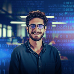 young man programmer coding at night on ai computer screen for networking, malware or software at th