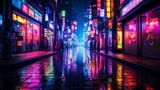 Fototapeta Fototapeta uliczki - a realistic pc desktop wallpaper of a futuristic cyberpunk japanese tokyo city narrow street road at night. pink and purple neon lights on bar boards screens. 16:9 ratio. Generative AI