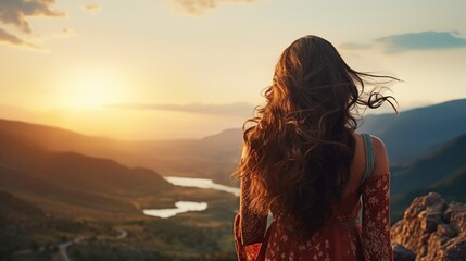 View from the back of a female traveler with long, curly hair who is admiring the magnificent landscape with mountains beneath a setting sun. Generative AI.