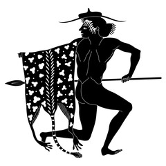 Wall Mural - Ancient Greek character with spear, hat and leopard skin. Fighting warrior, amazon or maenad. Vase painting style. Black and white negative silhouette.