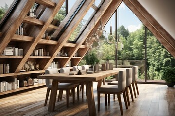 The interior of the Scandinavian-style kitchen with dining table and shelf screen has a vintage atmosphere with light shining from the modern roof.