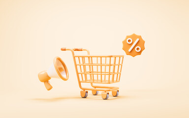 Wall Mural - Cartoon shopping cart with shopping theme, 3d rendering.