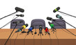Press conference table with microphones, interior. Live broadcast interview, public speaker speech or announcement, television press conference or news, politics debate vector concept or background