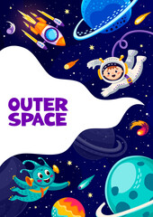 Wall Mural - space poster with cartoon alien, rocket and kid astronaut between space planets, vector background. 