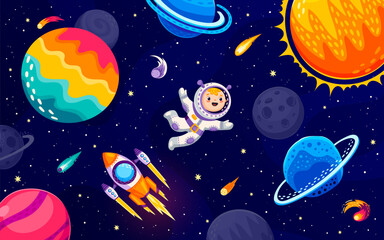 Wall Mural - cartoon astronaut character in outer space, galaxy planets and flying starship. little boy cosmonaut