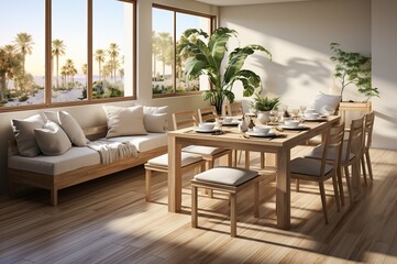 Modern Scandinavian interior of the living room with dining room with wooden table with sofa in the corner comfortable atmosphere with sunlight from the window.