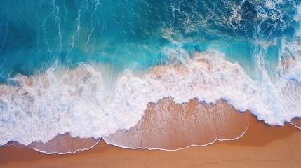 Beautiful Tropica Wave on Empty Beach Gold Sand Deep Blue Water Shoreline Aerial View Seascapes Generative AI