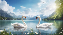 Two White Swans In The Lake Mountains Background