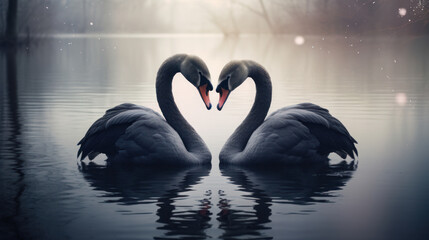 Two black swans moment of love in the lake