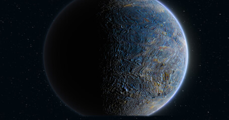 Wall Mural - abstract realistic space spinning planet round sphere with a water surface in space against the back