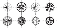 Monochrome Navigational Compass With Cardinal Directions Of North, East, South, West. Nautical Chart. Geographical Position, Cartography And Navigation.