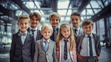 Portrait of successful creative business team looking at camera and smiling. Diverse business people standing together at startup. Group of young business boys and girls. Generative AI.