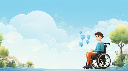 International Day of Persons with Disabilities background. A boy in nature on a blue background, a place for text.