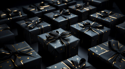 Top view many stylish black boxes of gift decorated with golden ribbon on black background. Corporate gifts for men concept.