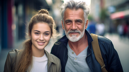 Wall Mural - Portrait Father with adult daughter, exchange smiles on a city street, symbolizing support and trust. Banner. Generative Ai content.