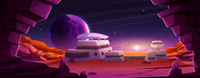 Sunset On Alien Planet Space Colony Station. Mars Observatory Base Building With Exploration Mission Cartoon Vector Landscape. Futuristic Cosmic Desert Terrain On Outer Red Satellite Expedition