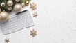 Online shopping for winter holidays concept. Flat lay composition with white laptop