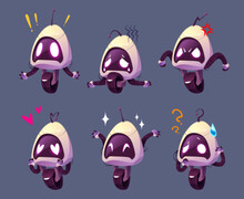 Cute Ai Robot Character Futuristic Cartoon Set. Artificial Intelligence Mascot Design With Emotions Expression. Isolated Angry, Surprised, Tired And Happy Face Cyber Bot Companion Clipart For Game