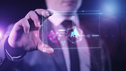 Holographic projection of artificial intelligence infographics on a gadget.