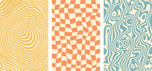 Set Of Three Vector Groovy Background 60s, 70s Retro Style. Trendy Abstract Hippie Pattern With Psychedelic Waves In Pastel Colors