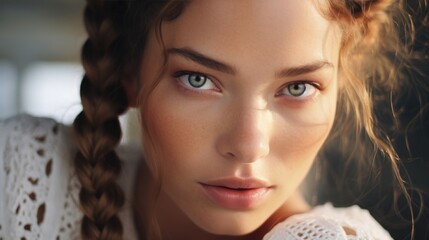 Wall Mural - French Braid Adorning the Beautiful Model's Hair, Enchanting Eyes. Generative AI