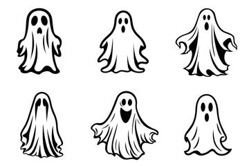 Wall Mural - Collection of simple flat ghosts vector. Halloween scary ghostly monsters cartoon. Cute cartoon spooky character