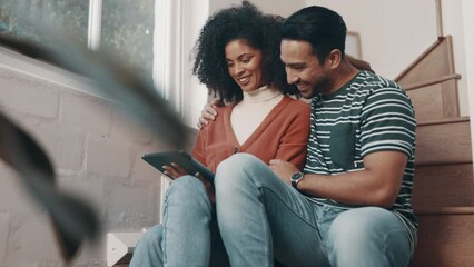 Sticker - Tablet, home stairs and happy couple with social media scroll and watching video on new property. Website, real estate and smile from online shopping with tech in a house with love and marriage