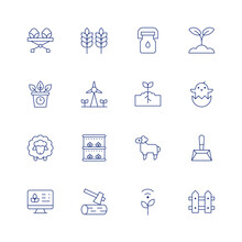 Farm Line Icon Set On Transparent Background With Editable Stroke. Containing Market, Wheat, Milk Bottle, Agriculture, Plant, Windmill, Chick, Sheep, Vertical Farming, Dustpan, Smart Farm, Wood.